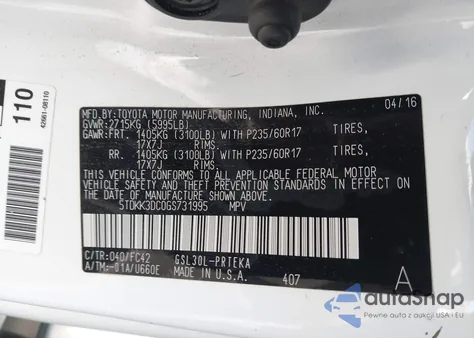 2016 Toyota Sienna Le 8 Passenger z USA, uszkodzony, nr VIN 5TDKK3DC0GS731995